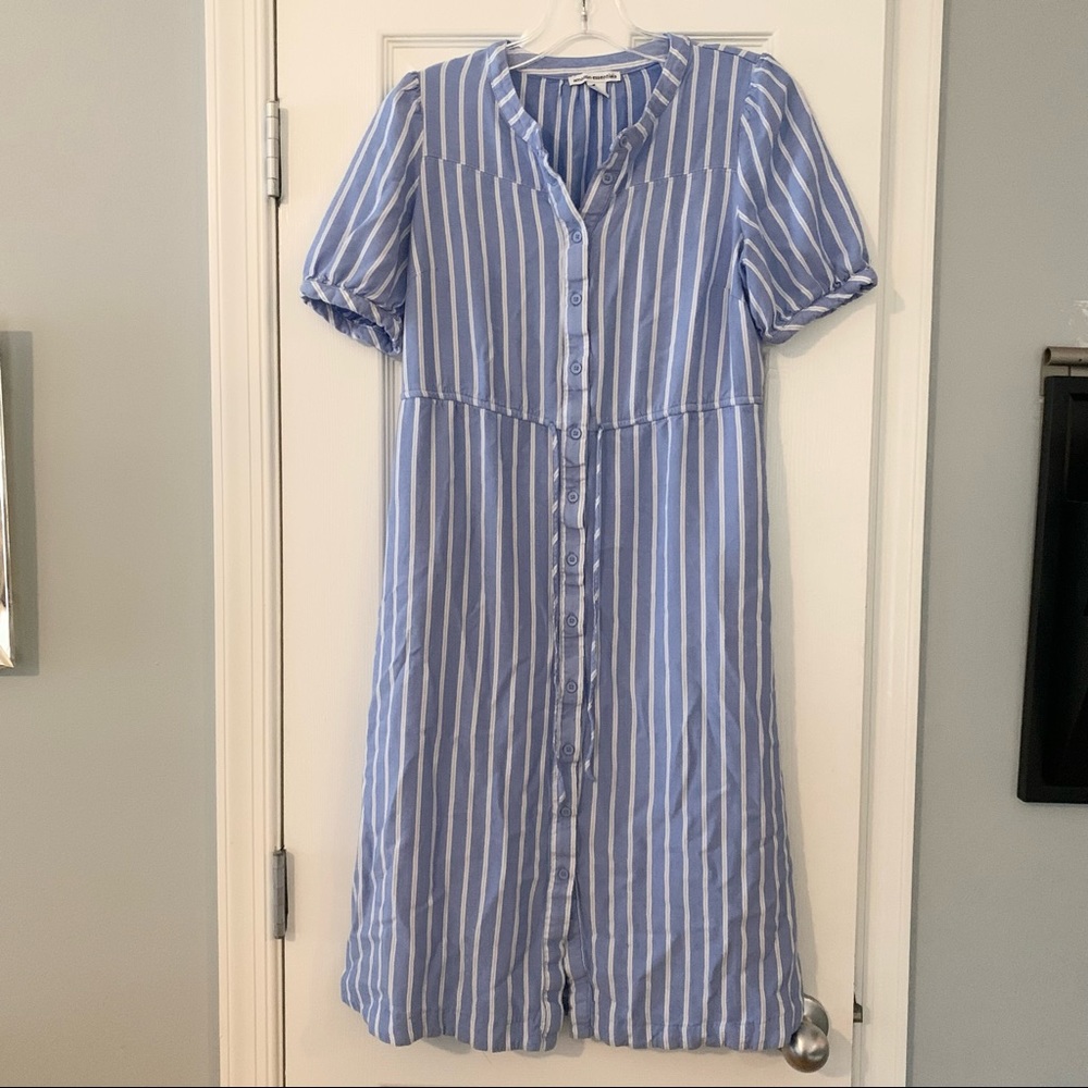 Amazon Essentials blue and white striped button front short sleeve midi dress